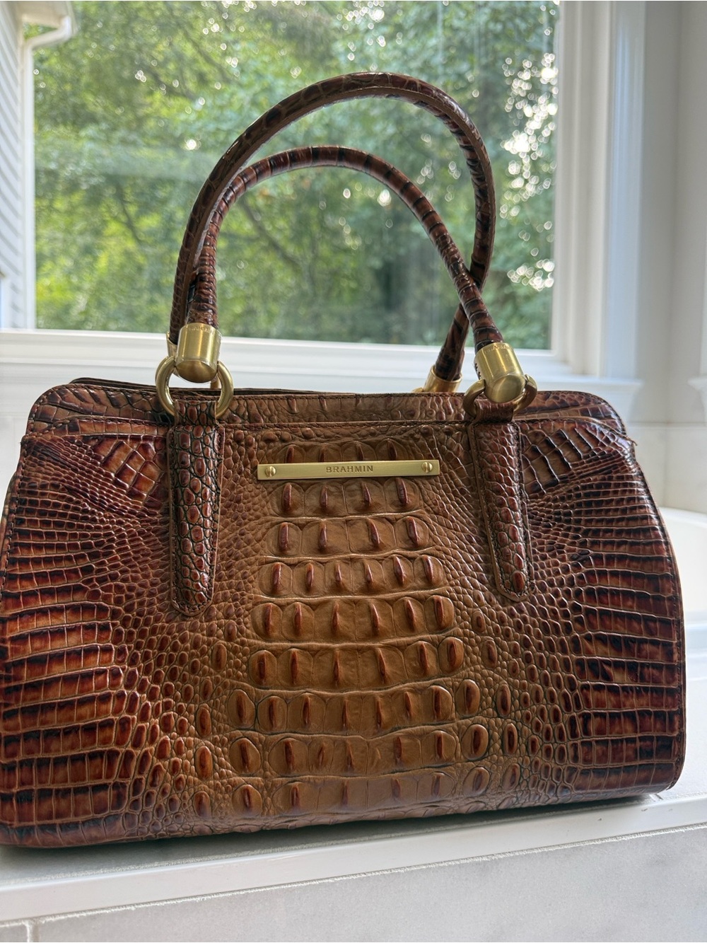 Brahmin Chelsea Brown Croc-Embossed Satchel with Gold Hardware New!